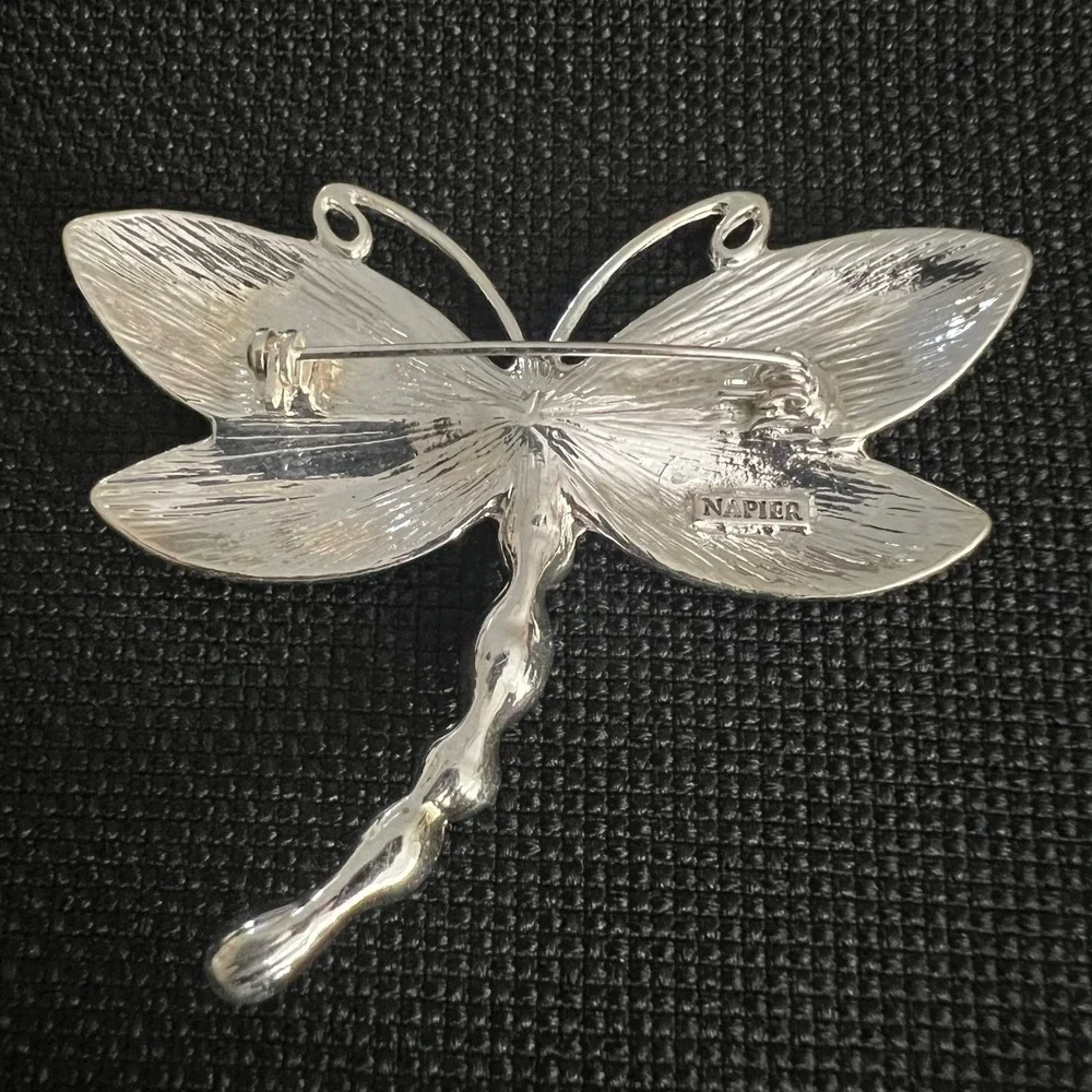 Vtg Napier Silver Tone Green Enamel Blue Crystal Dragonfly Brooch Fairycore